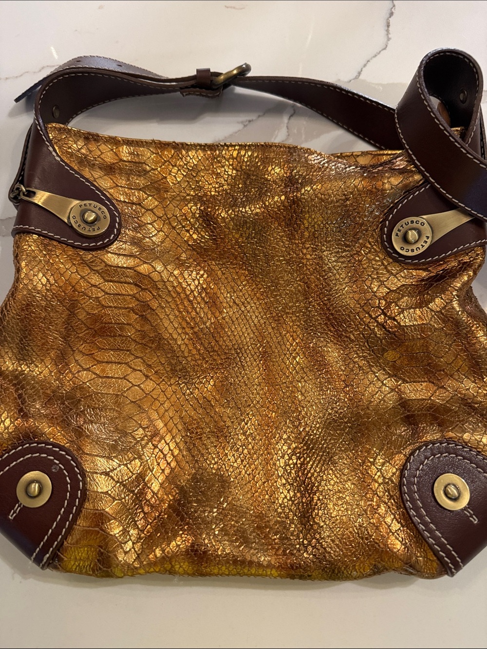 Petusco Metallic Bronze Shoulder Bag Purse Genuine Leather Made in Spain